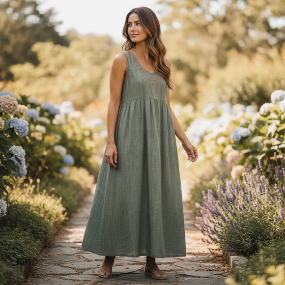 April Cornell Dresses & Skirts - Vintage April Cornell Sage Cotton Embroidered Maxi Dress Cottagecore L
